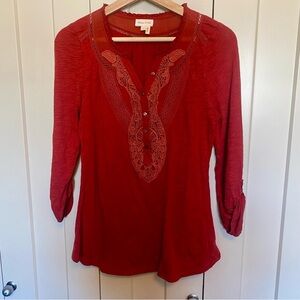 Anthropologie-Meadow Rue- Lace-3/4 Sleeve-Rust coloured BohoTop-Size S